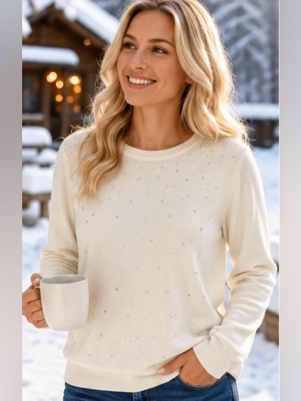 Carroll Reed Ivory Rhinestone Sweater Cotton Blend Crewneck Long Sleeve Size L